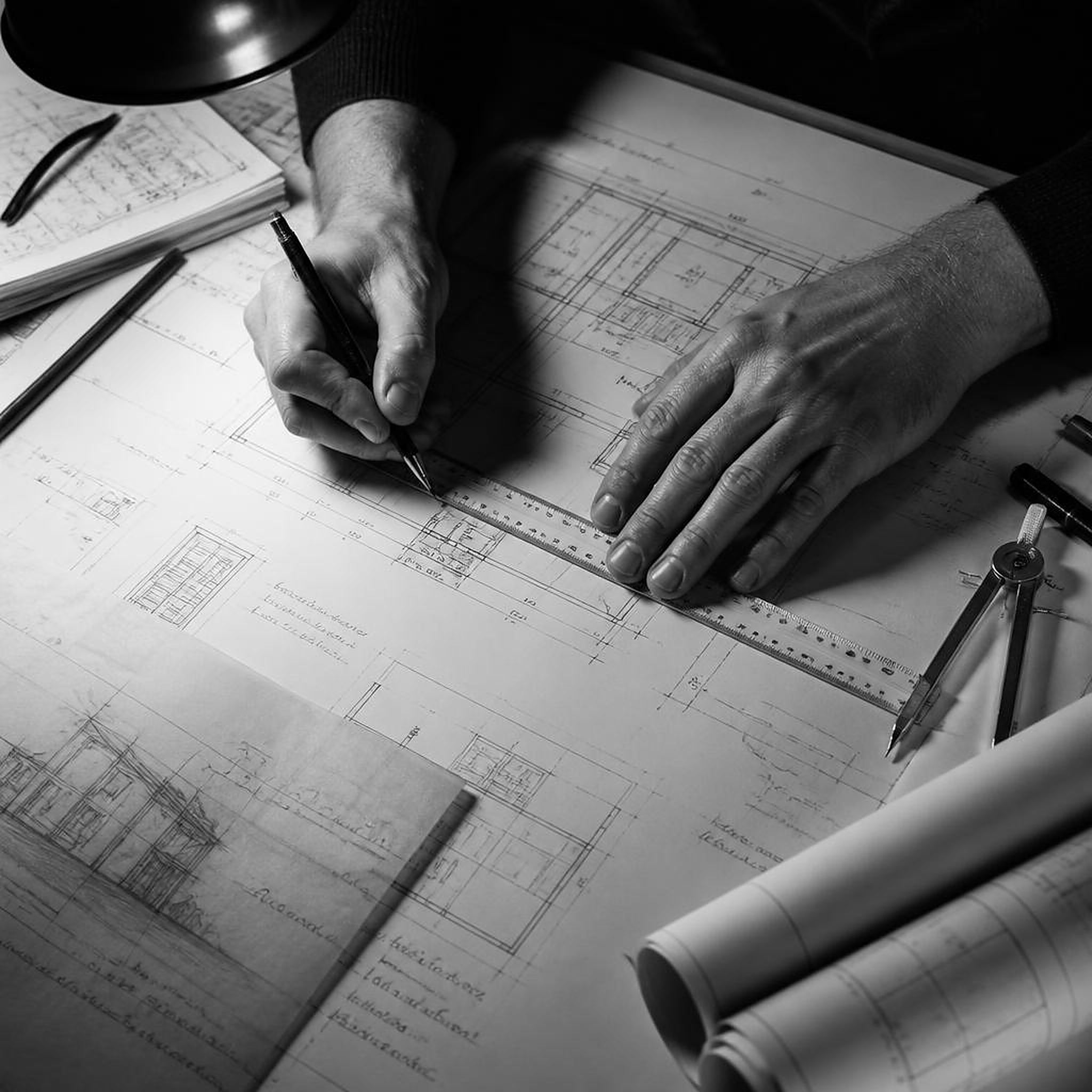 Black and white photograph of hands drafting technical drawings