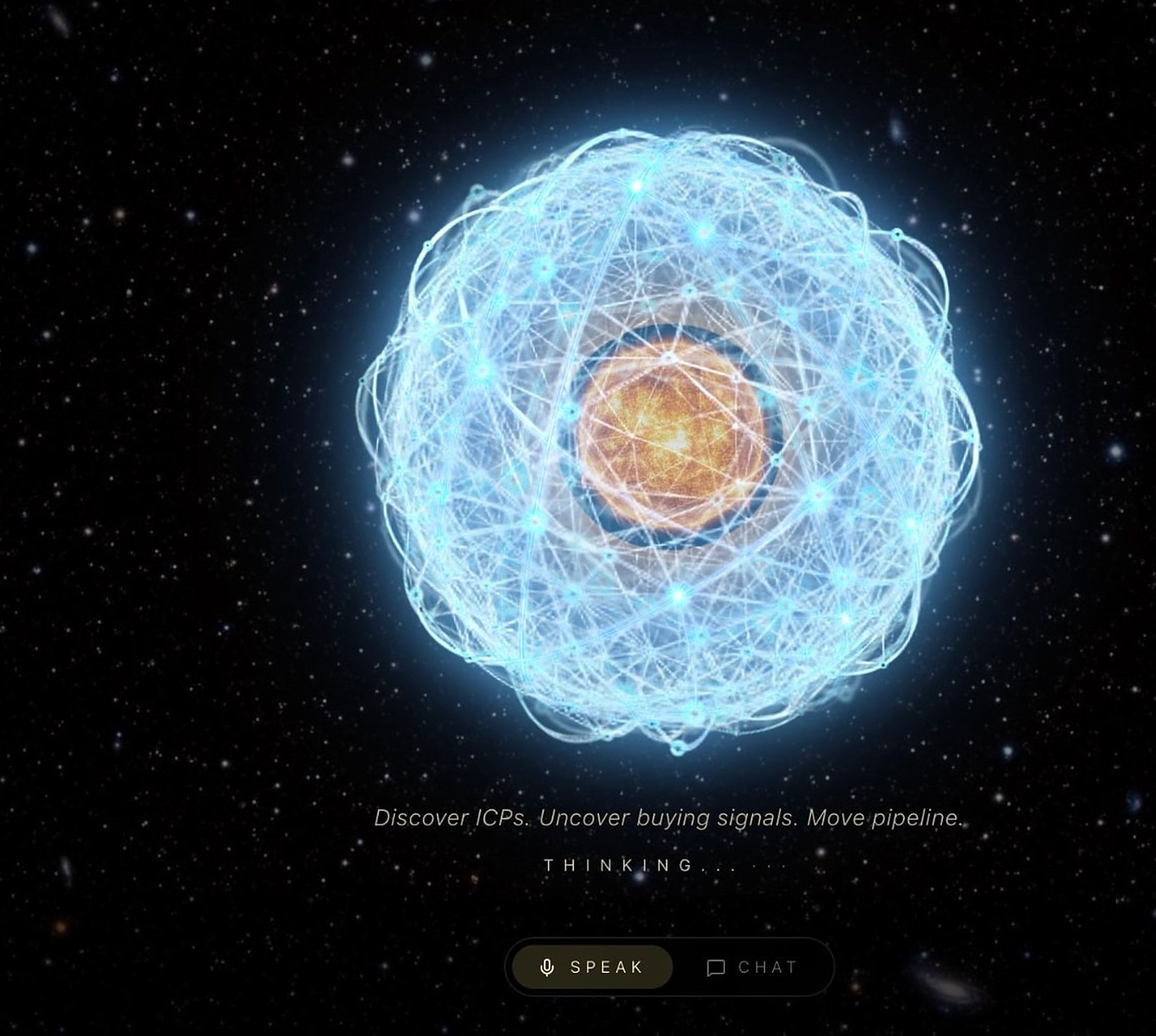 HOAG interface: a glowing blue neural orb in deep space with the tagline discover ICPs, uncover buying signals, move pipeline